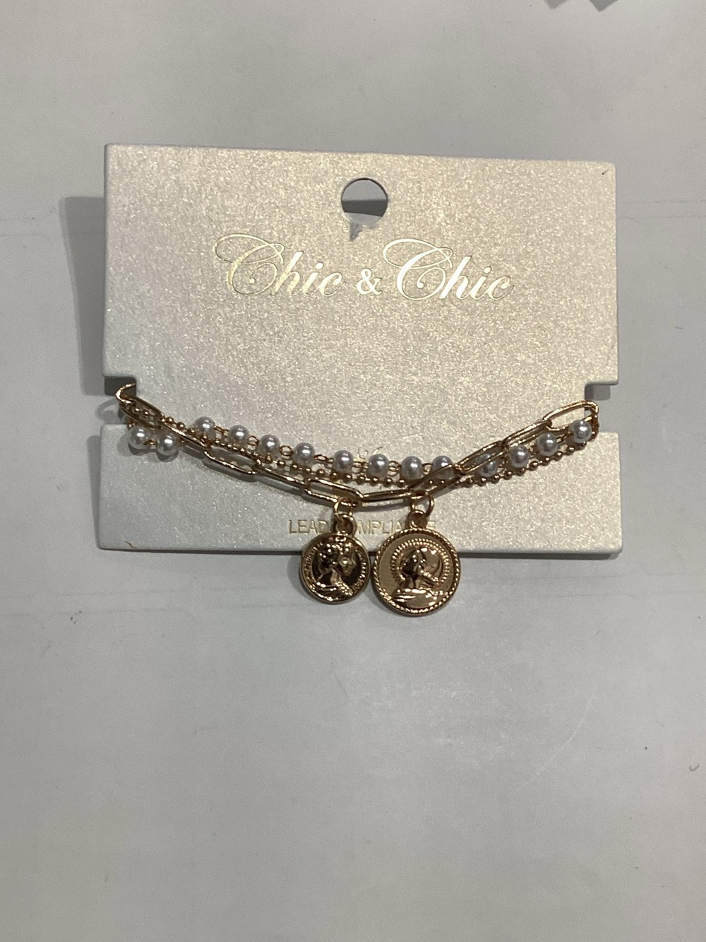 Gold Pearl Coin Charm Bracelet